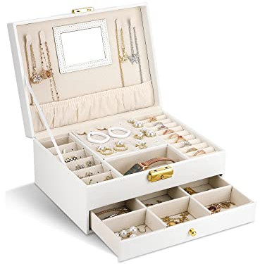 NCKIHRKK Schmuckaufbewahrung Damen Mädchen, 2 Ebenen Schmuckkästchen groß mit Schubladen, Schmuckkiste PU Leder, Jewelry Schmuck Organizer Schmuckschatulle für Ringe, Halsketten, Uhren, Ohrring, Weiß