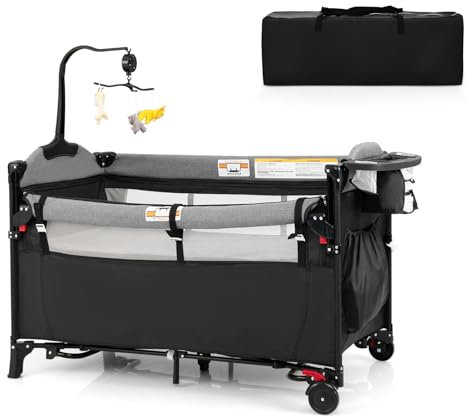 DREAMADE 5 in 1 Reisebett mit Matratze 120 x 60cm, Höhenverstellbar Beistellbett mit Wickeltisch, Spieluhr & Spielzeug, Babybett Babyschaukel für Baby ab Geburt (Dunkelgrau)