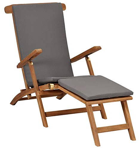 JUNZAI Liegestuhl mit Auflage, Gartenliege, Sonnenliege, Relaxliege, Deckchair, Terrassenstühle, Beach Chair, Saunaliege, Dunkelgrau Massivholz Teak