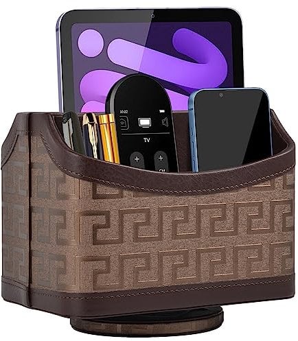 Leather Remote Control Holder 360°Rotatable,Bedside Nightstand Phone Caddy,Office Supplies Storage Box,Desk Organizer for TV Remote Controllers,CD,Pen,Mail,Media Player,Tablets(Coffee Gold)