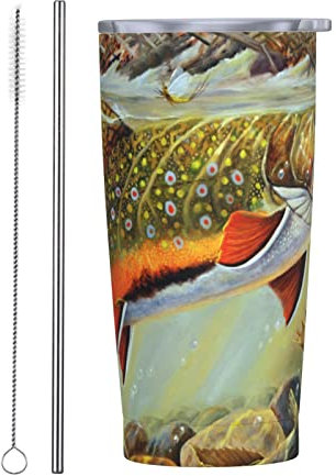 20 Oz Insulated Tumblers Travel Mug with Lid and Straw Brook Trout Fly Fishing Tumbler for Car Reusable Travel Coffee Mug