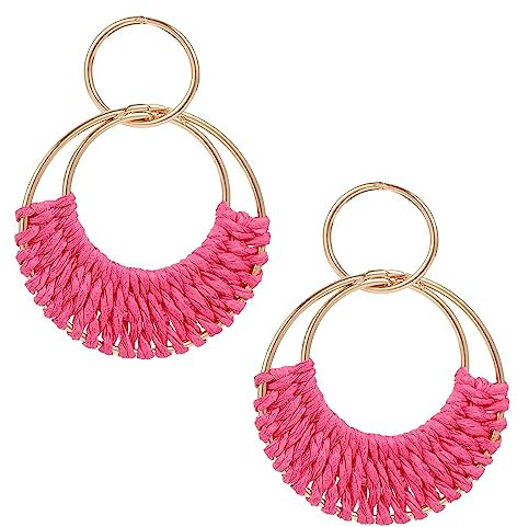 SIXDUTON Creolen Ohrringe für Damen, Hand Gefertigte Stroh Wicker Rattan Vintage Bohemian Schmuck Geschenk für Frauen und Mädchen (Rose Rot)