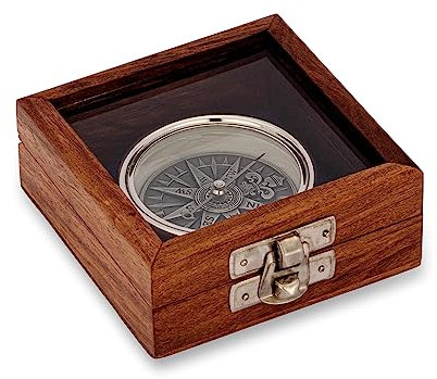 NKlaus 5,5cm Kompass 3D verchromt in der Holzbox Richtungsanzeiger Peilkompass Maritim 14618