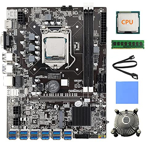 Tweovnai Carte MèRe 12 Cartes GPU B75 BTC Mining + CPU + Ventilateur + Coussin Thermique + 4G DDR3 RAM + Câble SATA 12 USB3.0 (PCIE) LGA1155 DDR3 SATA3.0