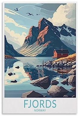 Fjords Norway Vintage-Reise-Poster, 20 x 30 cm, Leinwanddruck für Wohnzimmer, Schlafzimmer, Wohnheim, Zuhause, Büro, Wanddekoration