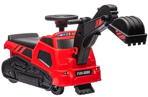 HOMCOM Ruspa Giocattolo con Volante e Benna di Scavo, 3 in 1 Macchina Cavalcabile per Bambini da 18 Mesi-2 Anni, 100x43x48.5 cm, Rosso