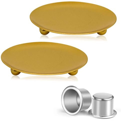 AYNKH 2PCS Pillar Candle Holders, Retro Metal Gold Iron Plates Candlesticks Trays Decorations for Home Spa Party Wedding Pray, Creative Candle Cups for Birthday, Thanksgiving, Christmas