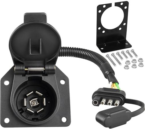 Oyviny 4-Pin to 7-Way Round Blade Trailer Adapter W/Mounting Bracket, 4 Way Flat to 7-Way Blade Reverse Wiring Harness Connector, 16AWG Copper Wire Trailer Light Plug for RV Truck Factory Tow Package