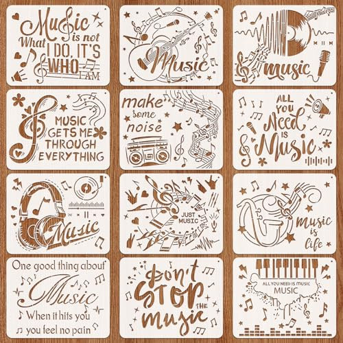 OOTSR 12 Stk Musikthema-Schablonen zum Basteln, 24,8x20cm Zeichnung Malschablonen DIY Schablonen der Retro-Musik, Kunststoff Zeichenvorlagen für Scrapbooking Holz Ornamenten Leinwand Deko
