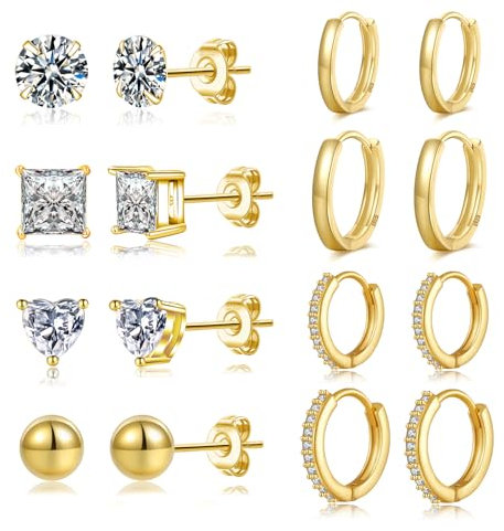 LOUMILEO Creolen Gold 14 Karat Gold Ohrstecker für Damen Kleine Ohrringe Gold Ohrstecker mit Zirkonia Hypoallergen Huggie Creolen Set für mehrere Piercings 8 Paar