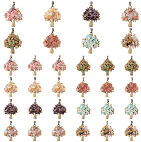 PH PandaHall Ciondolo Albero Della Vita Da 32 pezzo In 8 stili, Pendenti con Chip di Pietre Preziose Chakra Dell'Albero di Cristallo di Quarzo Pietra per Collana di Gioielli Fai Da Te