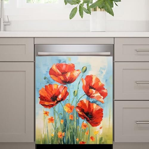 Red Flower Watercolor Painting Kitchen Dishwasher Door Cover Panel Decal,Magnetic Dishwasher Sticker Decor Decal,Fridge Magnets Refrigerator Sticker Decals Decorative 23W x 26H inchs