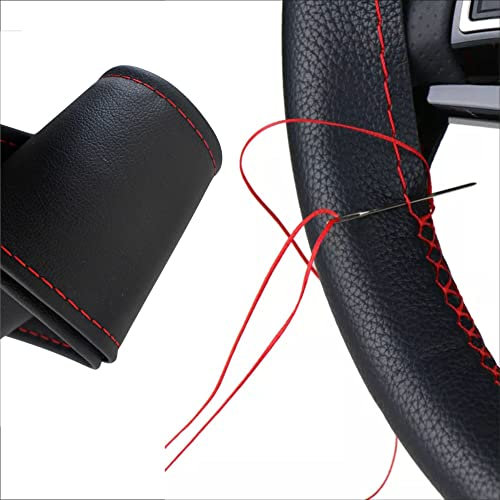 Lenkradbezug Pu Leder, Auto Lenkradhülle zum schnüren Nähen mit Nadel und Faden rutschfest und weich UNIVERSALGRÖSSE 37-39 cm M1 Schwarz rotes Naht