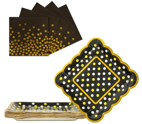 AHPYEUHK 9inch Paper Plates and Napkins Square 50 Pack Black-Gold Party Supplies 25 *Party Dessert Plates & 25 * 6.5inch Napkins Birthday Baby Showers and Wedding Party Decorations
