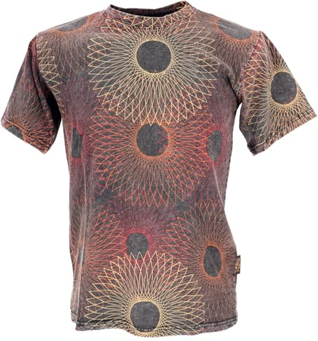 Tibet & Buddhist Art T-Shirt, Fusion Mandala, Stonewash, anthrazit/orange | Baumwolle, Herren T-Shirt, normaler Schnitt, handbedruckt, einzigartiges Design, aus Nepal