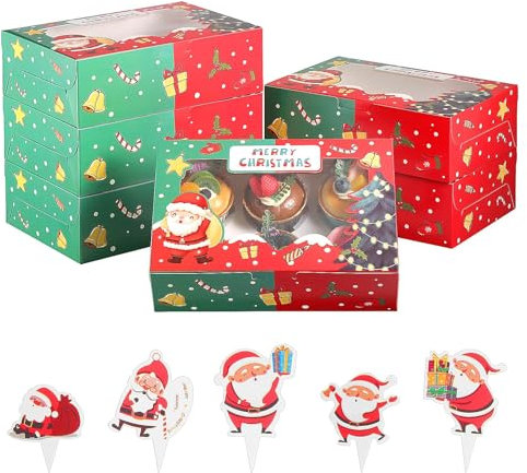 Coolty 20 Stück Cupcake Boxen 6 Löcher Karton Verpackung Boxen Bäckerei Gebäck Boxen mit Fenster und Einsätze für Cookies Muffins Cupcakes Desserts Torten (Weihnachtsstil)