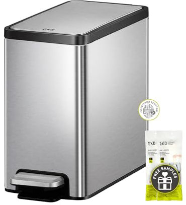 EKO Slim Small Bathroom Trash Can with Lid, Stainless Steel Kitchen Garbage Can with Removable Inner Bucket, 6L / 1.6 Gal, Step On Trash Can
