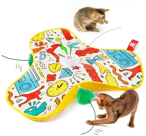 Potaroma Cat Feather Toys Interactive, Unpredicatable in-The-Cover Moving Feather, Hide and Seek Kitten Wand Toy, Rechargeable Automatic Indoor Cat Toy, Exercise Kicker for All Breeds, Graffiti Cover