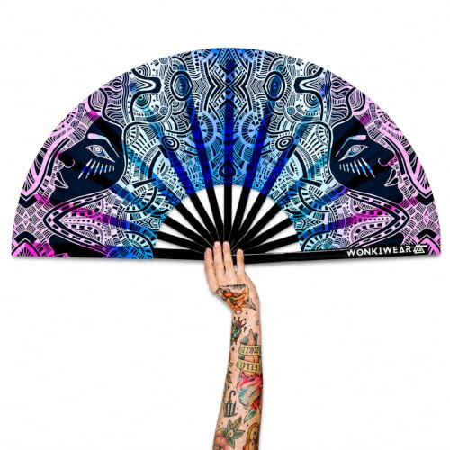 WONKIWEAR Fan, Folding Handheld, Glow UV Reactive Design, Large Strong Black Bamboo. Unisex for Raves, Festivals, Concerts, Drag, Gay Pride (UV Techno Tribe, Large)