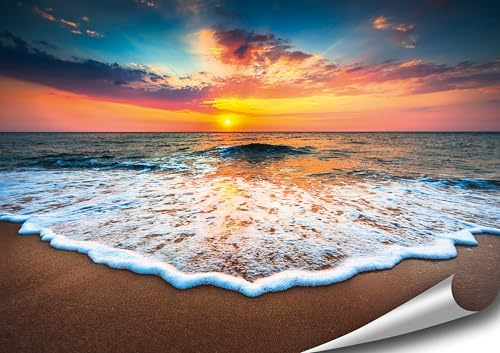 4FINO Meer Strand Poster Natur Bilder Foto Kunstdruck Wandbild Moderne Wand Dekoration Wohnzimmer Schlafzimmer Küche (Welle, Sonnenuntergang, 100 cm x 70 cm, ohne Rahmen)