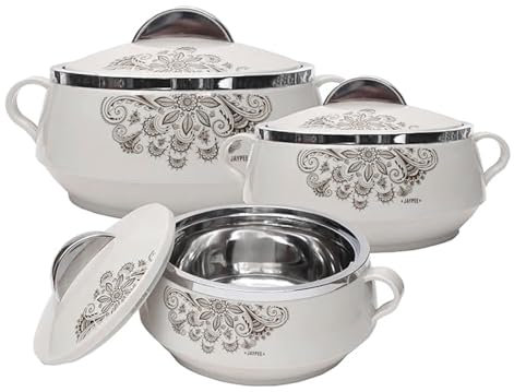 M1SS Set of 3 Double Wall Insulated Casserole Set for Hot Food Serving Dishes with Locking Lid, Hot Pot Stainless Steel Inner, BPA-Free Serving Box Gift Set for Christmas White (1000, 1500, 2000 ML)