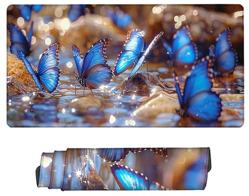Butterfly Gaming Mouse Pad XXL (24 x 12 x 0.12 inch), Anti-Slip Base Mousepad Blue Desk Pad Water-Resistant Surface Large Mouse Mat, Stitched Edges Gaming Mouse Mat for Home Office Gaming Room 4-3