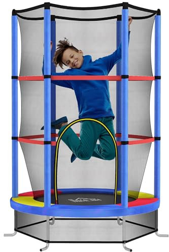 HOMCOM Trampoline pour Enfant Ø 1,40 x 1,90H m Filet de sécurité Porte zippée 6 poteaux rembourrés Inclus Charge Max. 45 kg Multicolore
