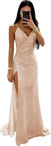 SWEMILE Robe de Soirée en Rose Gold avec Paillettes Jupe Longue avec Fente Latérale Charmante Robe à Traîne