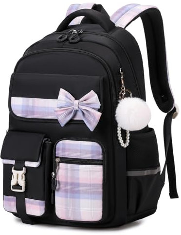 Tanou Schulrucksack Mädchen Kinderrucksack, Wasserdicht Rucksack Teenager Daypack, Kawaii Karo-Schulranzen für Mädchen 9-16 Jahre mit Trolleyband, Schwarz