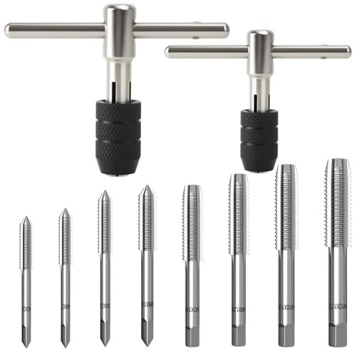 10 Pezzi Giramaschi a Cricchetto Set, Kit di Maschiatura Filettatura Manuale con M3 M4 M5 M6 M7 M8 M10 M12 HSS Maschi per Filettatura e M3-M8/M6-M12 Giramaschi Regolabile a Cricchetto a T
