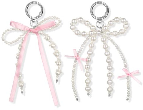 Tyqour Lot de 2 porte-clés en forme de nœud de perles roses - Pendentif de sac à main - Porte-clés pour femme - Bracelet - Pendentif perles - Pendentif pour sac - Accessoire de bijoux - Cadeau pour