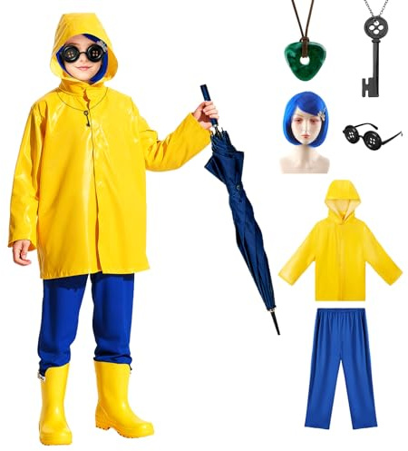 Zophlly Mädchen Regenmantel Kostüm Gelber Mantel mit Perücke Halloween | Mit Zubehör, Gelbes Regenmantel Design, Auffälliger Stil, Rollenspiele, Mottoparty, Kindergeburtstag