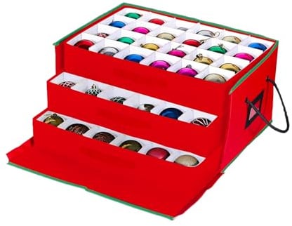 Wintem Aufbewahrungsbox für Weihnachtsschmuck mit 3 ausziehbaren Schubladen für 72 Weihnachtskugeln, starres Gestell aus TNT 51 x 35 x 24 cm, robuster Reißverschluss und transparentem Etikett für
