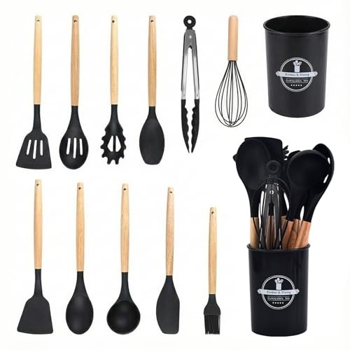 Kitchen Utensils Set, 12 Pcs Silicone Cooking Utensils Set with Wooden Handle, Non Stick Heat Resistant Kitchen Utensil Accessories Set Easy Clean (Black)