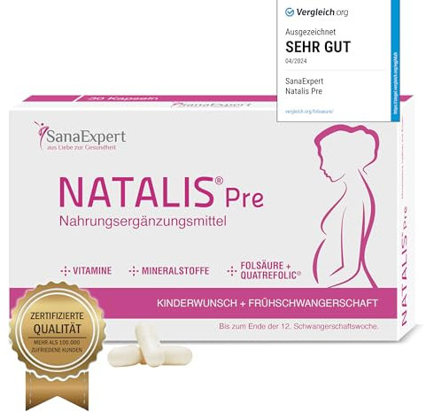 SanaExpert Natalis Pre – Complément Alimentaire Prénatal – Avec acide folique, Quatrefolic®, fer et vitamines – Vegan – 30 capsules – Ingrédients d’origine naturelle – Fabriqué en Allemagne