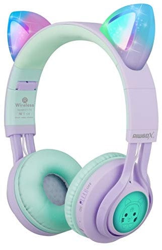 Riwbox Kids Headphones, CT-7S Cat Ear Bluetooth Headphones Volume Limiting 85dB,LED Light Up Kids Wireless Headphones Over Ear with Microphone for iPhone/iPad/Laptop/PC/TV (Purple&Green)