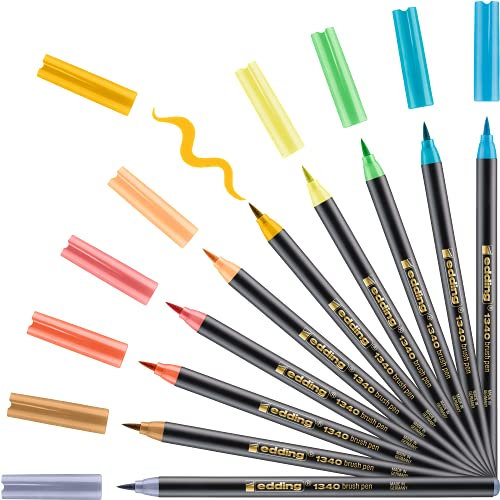 edding 1340 Pinselstift - 10er Set - sanfte Farben - flexible Pinselspitze - Filzstift zum Malen, Schreiben und Zeichnen - Bullet Journals, Hand-Lettering, Mandalas, Kalligraphie