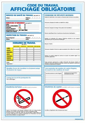 Panneau - Affichage Obligatoire Code du Travail - Plastique Rigide PVC 1,5 mm - Dimensions 300 x 420 mm - Protection Anti-UV