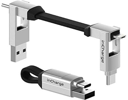 Rolling Square, inCharge 6 Portachiavi con Cavo Usb Type-c, Cavetto Universale Cellulare, Regalo Uomo, Caricatore Universale Cellulare 6 in 1, Gadget Tecnologico, Argento, Cavo Lightning da 15W