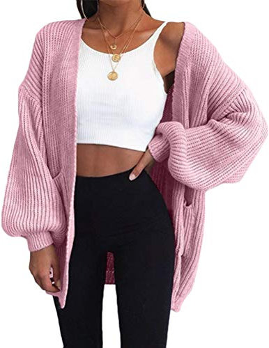 Onsoyours Femme Cardigan Long en Tricot Veste Ouvert Manches Pull Gilet Chaud Casual Patchwork Manteau Sweater Hiver Chandail Outwear avec Poche Rose XL