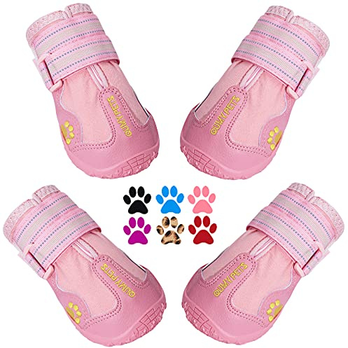 QUMY Hundeschuhe, wasserdicht, mit reflektierenden Riemen, robuste rutschfeste Sohle, Schwarz, 4 Stück (Größe 4: 6,6 x 5,3 cm (L x B), Rosa