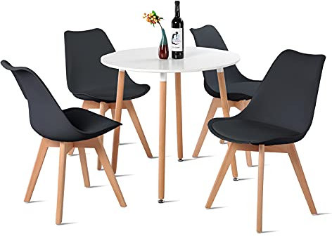 H.J WeDoo Esstisch mit 4 Stühle Essgrupp Holztisch und Schwarz Skandinavisches Stuhl Esstisch Set für Esszimmer Küche 80cm