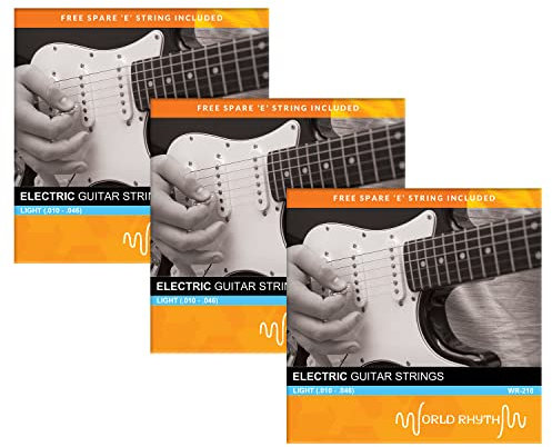 World Rhythm - Cuerdas para guitarra eléctrica (.010 - .046) con cuerdas altas de repuesto (3 unidades)
