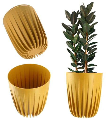 KADAX Pot de Fleurs en Plastique Moderne - Rond Avec Motif Géométrique et Insert - Naturel Extérieur Haut (∅ 14,5 cm, Jaune Foncé)