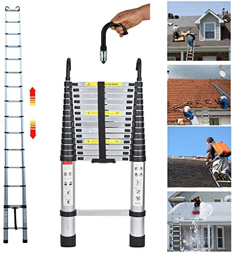 Échelle Télescopique 4,4m, Escabeau Telescopique avec Crochets, Aluminium Échelle Télescopique Pliante Extensible, Echelle de Couvreur Charge Maximale 150kg