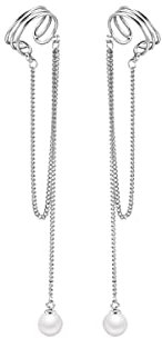 SLUYNZ 925 Sterling Silber No Piercing Manschette Ohrringe Kette für Frauen Teenagers Wrap Ohrringe Perle Quaste Clip On Ear (A-Silber)