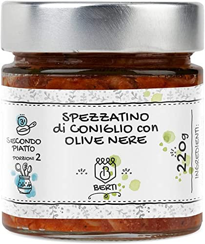 BERTI Spezzatino di Coniglio con Olive Nere, 1 Vasetto da 220g pronto all'uso, Carne Coniglio 100% Italiana, Delicata, Altamente Digeribile, Ideale Secondo Piatto con Legumi, Riso e Cereali, Cremoso