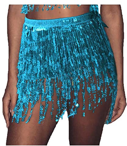 Damen Pailletten-Tanzrock Bauchtanz-Outfit Glitzer-Quaste Fransen Hüftschal Rave Taille Wickelgürtel Kostüm für Mädchen (Blau)