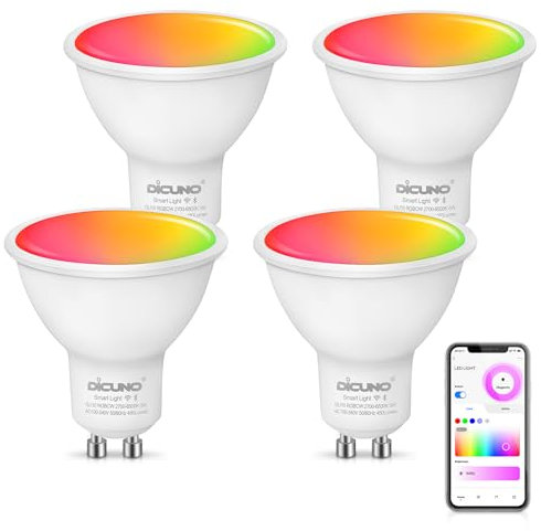 DiCUNO GU10 Smart LED dimmbar 5W, Alexa Glühbirne MR16, Ersatz für 50W Halogenstrahler, 320LM, WLAN-Lampen kompatibel mit Alexa, Google Home, Wamrweiß, Tageslichtweiß, 16 Mio Farben, 4er Pack