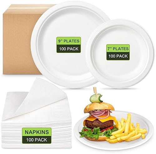 greensight 300pcs Paper Plates and Napkins Set Disposable, Sugarcane Compostable Strong Heavy Duty Tableware Whtie 7&9 inch Plates and Napkins Tableware for Hot Food